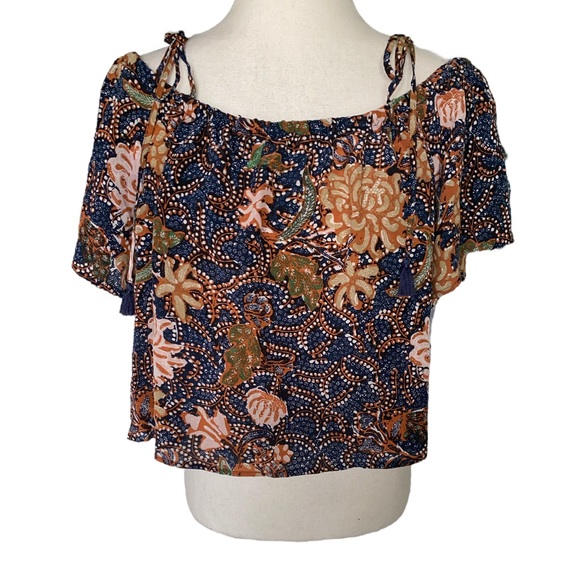 Madewell Silk Cold Shoulder Tie Tassel Straps Sea Floral Crop Top - M - Picture 11 of 15